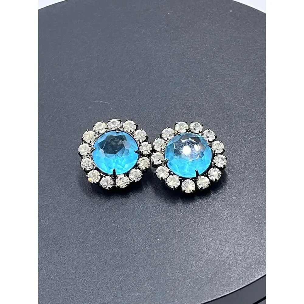 Kenneth Jay Lane Vintage Aquamarine Color Button Clip Gunmetal Earrings - Picture 12 of 12